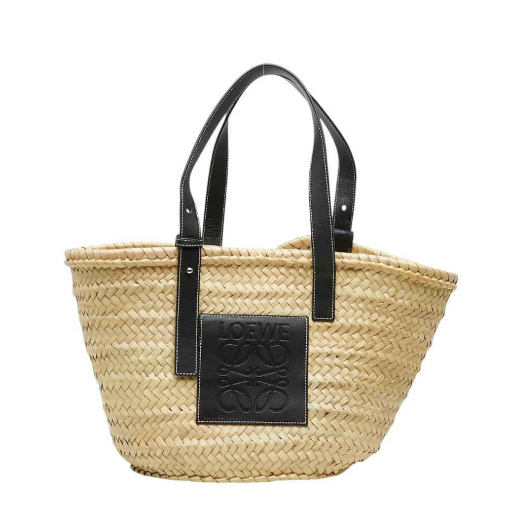 Loewe Basket Bag Handbag Shoulder Black Leather Palm Leaf
